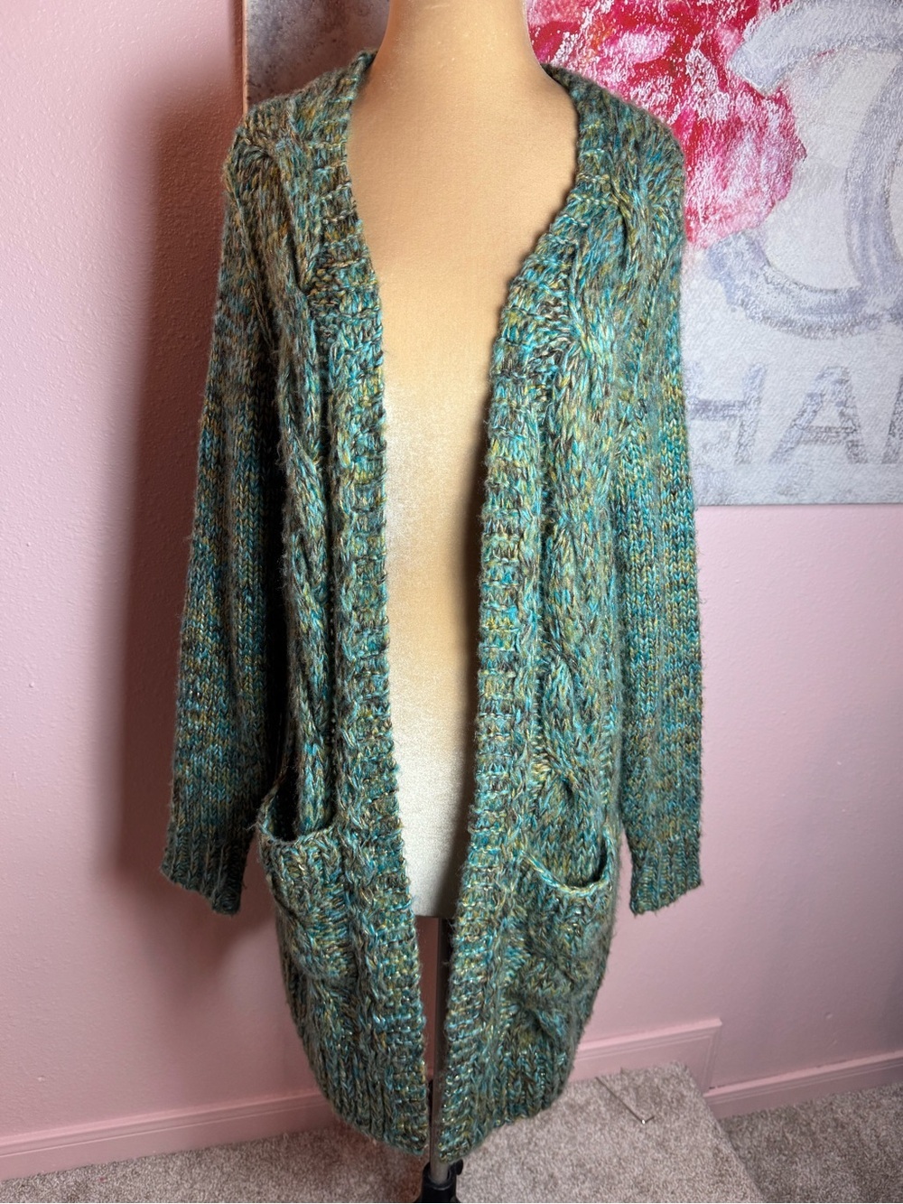 Soft Surroundings Teal-Marled Cable Knit Open-Front Cardigan
